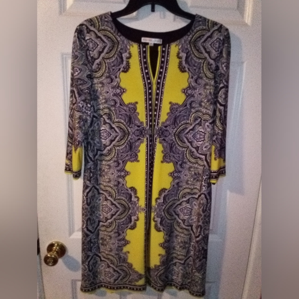 Sandra Darren Black And Yellow Knee Length 3/4 Sleeve Paisley Dress Size 14P